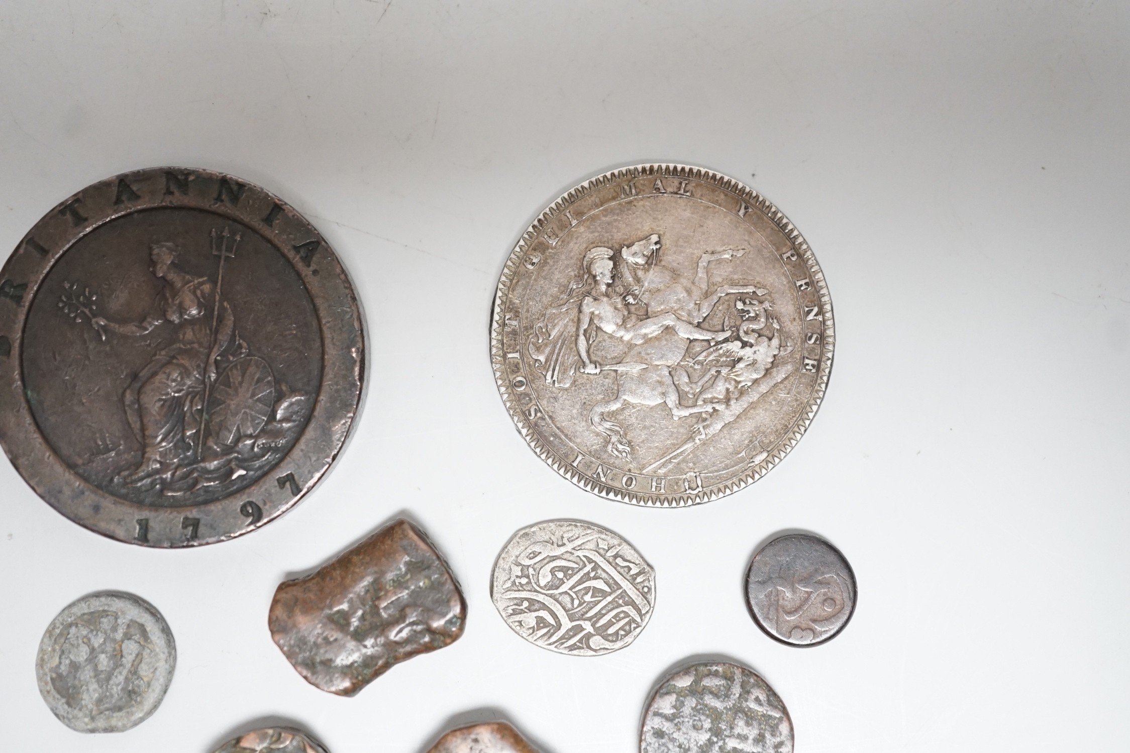 A George III 1797 'cartwheel' 2d, a George III 1819 silver crown and assorted Indian coinage.